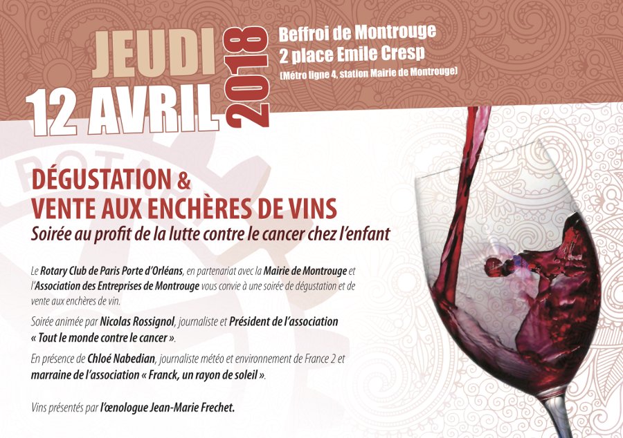 Dégustation et vente aux enchères de vin au profit de la lutte contre le cancer chez l'enfant.