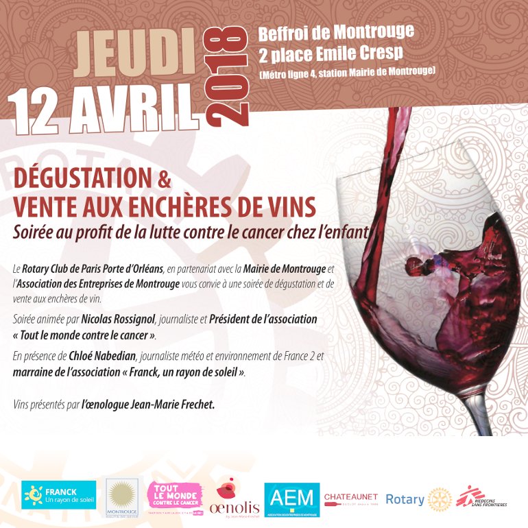 Dégustation et vente aux enchères de vin au profit de la lutte contre le cancer chez l'enfant.